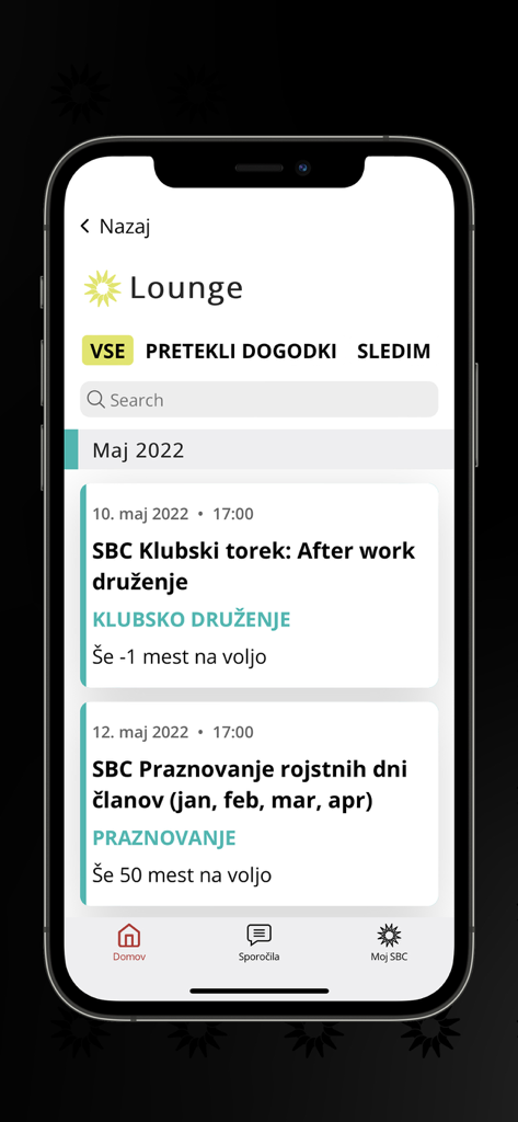 SBCA - Pantalla de la aplicación SBCA que muestra una lista de eventos de networking empresarial y reuniones sociales para miembros