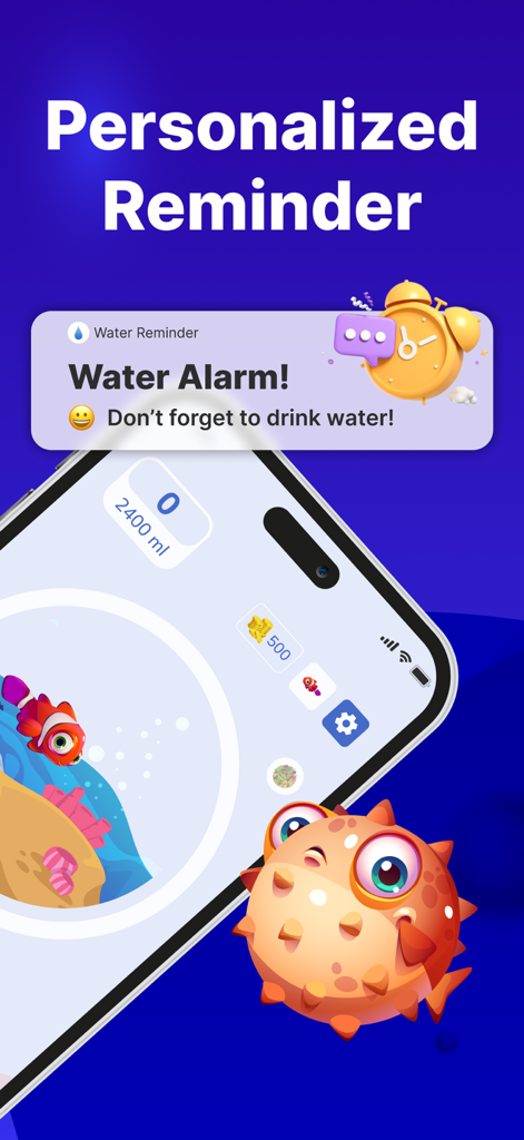 Water Tracker- Drink Water! - Un smartphone que muestra una notificación de alarma de agua personalizada y una interfaz de acuario gamificada con peces de colores