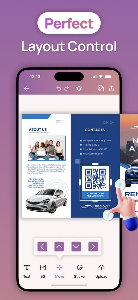 Brochure Maker : Catalog Maker - A smartphone displaying the brochure maker app interface with layout control features and a car rental template