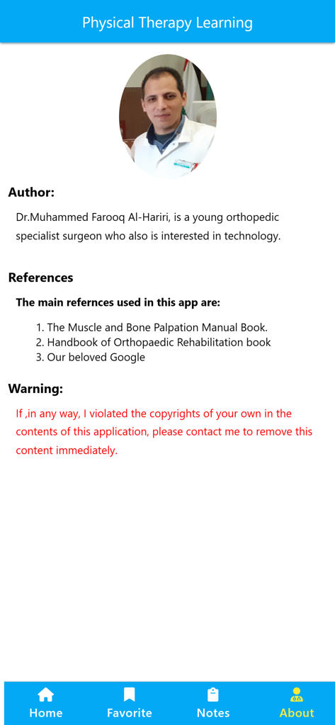 Physiotherapy Learning - Über-Seite der Physiotherapie-Lern-App mit Autoreninformationen und klinischen Referenzen.