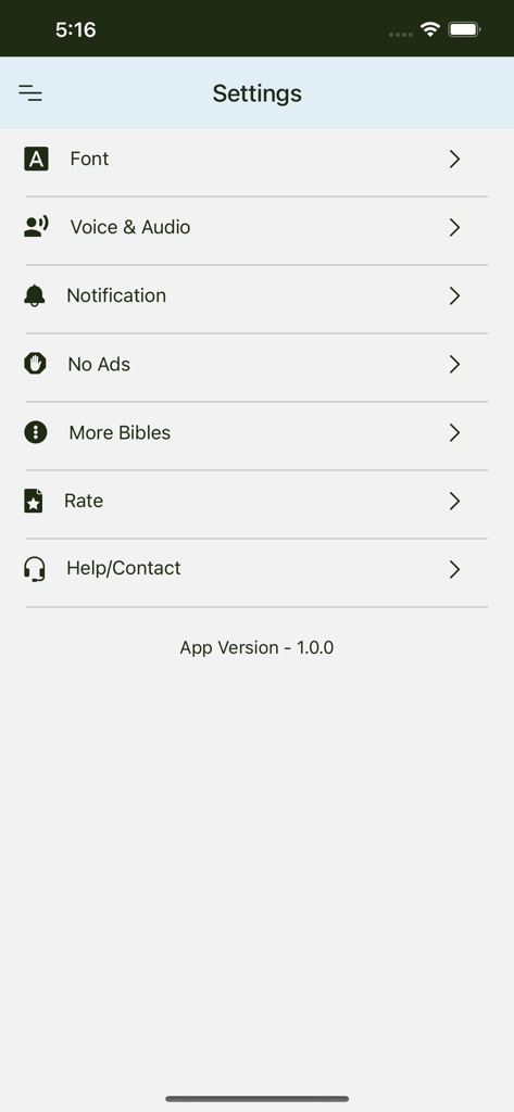 Tyndale Bible - Settings menu of the Tyndale Bible app displaying options for font, voice, and notifications.