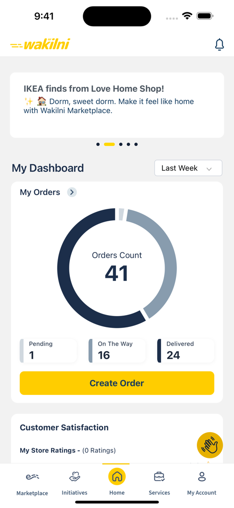 Wakilni - Wakilni 모바일 앱 대시보드에 보류 중 및 배송된 배송 건에 대한 주문 요약 차트가 표시됩니다.