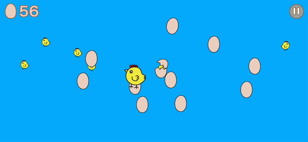 Un pollo amarillo de dibujos animados poniendo huevos sobre un fondo azul en un juego simple para niños pequeños.