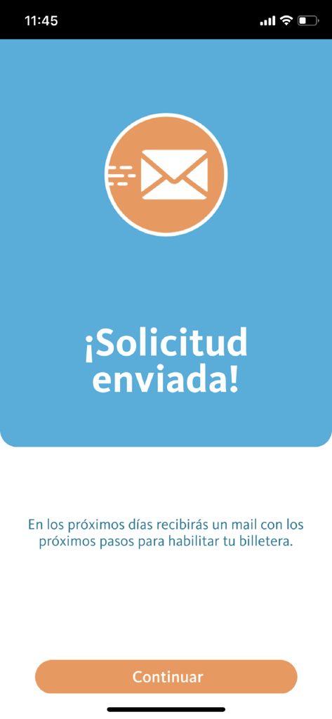 BNA+ - BNA+アプリからの確認画面、送信されたリクエストメッセージ、封筒アイコン、続行ボタンを表示
