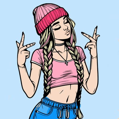 realistic teenage girl with braids and a beanie and crop top doing 🫶🏼