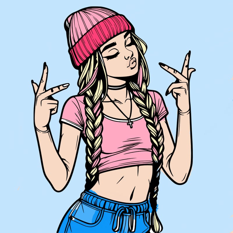 realistic teenage girl with braids and a beanie and crop top doing 🫶🏼