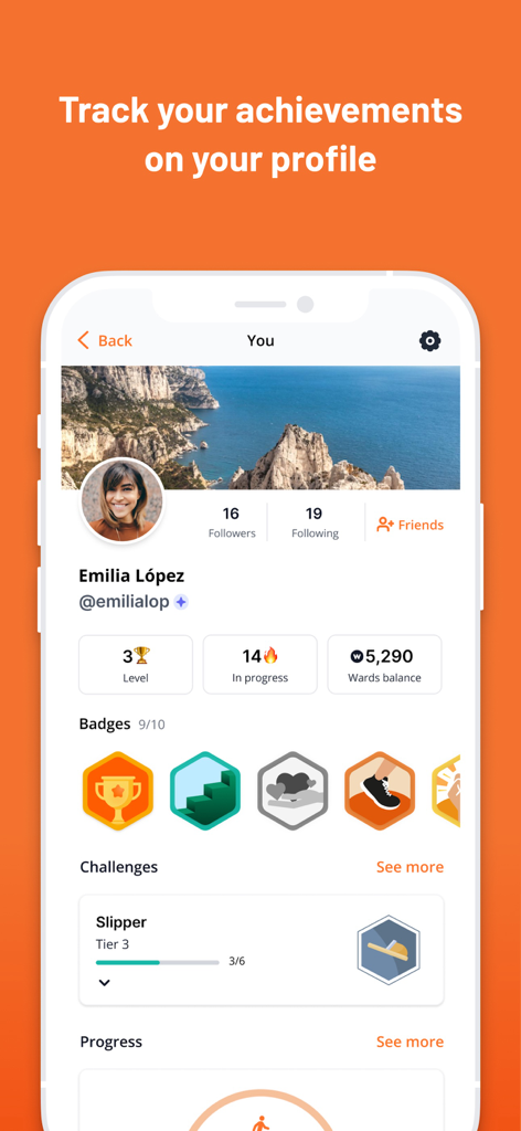 WeWard - Walking Rewards App - Pantalla de perfil de la aplicación WeWard que muestra el nivel del usuario, las insignias ganadas y el saldo de recompensas.