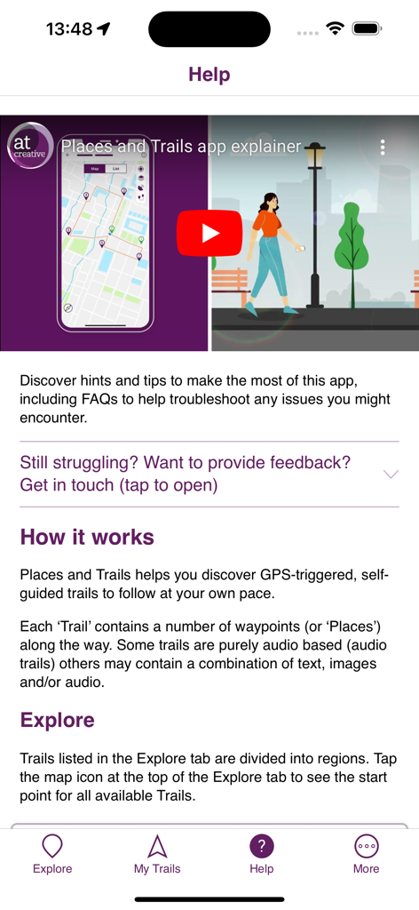 Help section of the Places and Trails app featuring a video explainer and instructions on how to explore GPS-triggered trails.