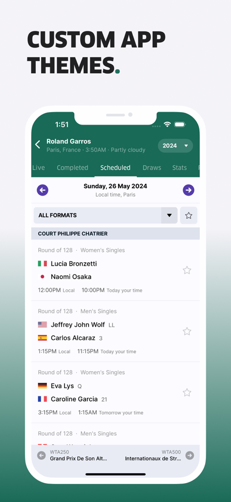 The TNNS app interface displaying a scheduled match list for Roland Garros in a custom green theme.