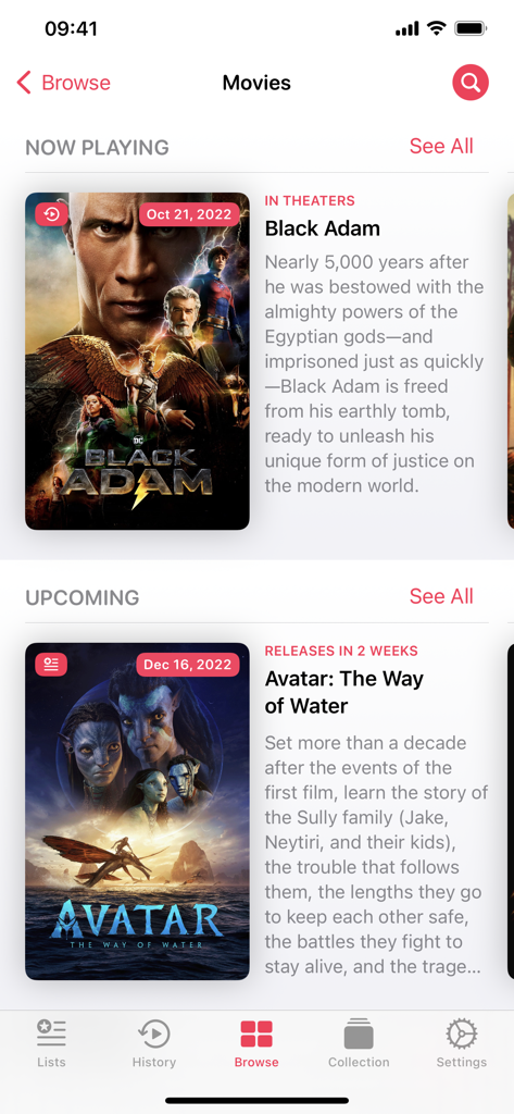 Popcorn Movies - Pestaña de exploración en la aplicación Popcorn Movies con películas en cartelera y próximas como Black Adam y Avatar