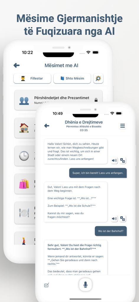 Captura de pantalla de la aplicación Aprende Alemán que muestra lecciones de alemán impulsadas por IA y una interfaz de chat de práctica conversacional para hablantes de albanés.