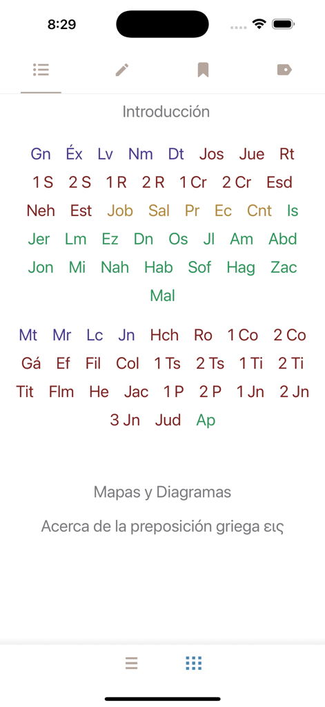 Menú de abreviaturas de libros de la Biblia en español para la aplicación Santa Biblia Versión Recobro