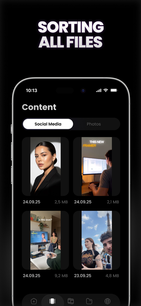 BlackHole Video Save - Smartphone screen showing the file sorting and content management interface of the BlackHole Video Save app with saved social media videos.