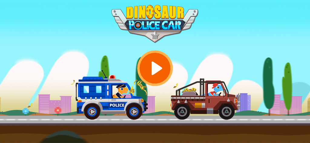 Dinosaur Police Car kids Games - 大きな再生ボタンが付いた街の道路で、トラック泥棒を追いかける恐竜警察官