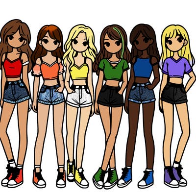 a group of girls wearing crop tops and shorts