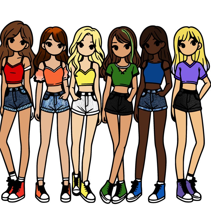 a group of girls wearing crop tops and shorts