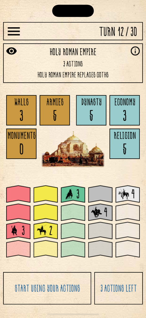 Gameplay screen of the Constantinople Board Game showing historical empire stats and action controls