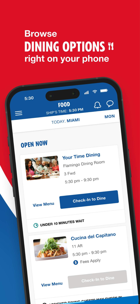 Carnival HUB mobile app interface showing cruise ship dining options and virtual check-in features