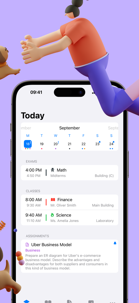School Planner - Timetable - School Planner app interface showing daily student agenda with classes and exams