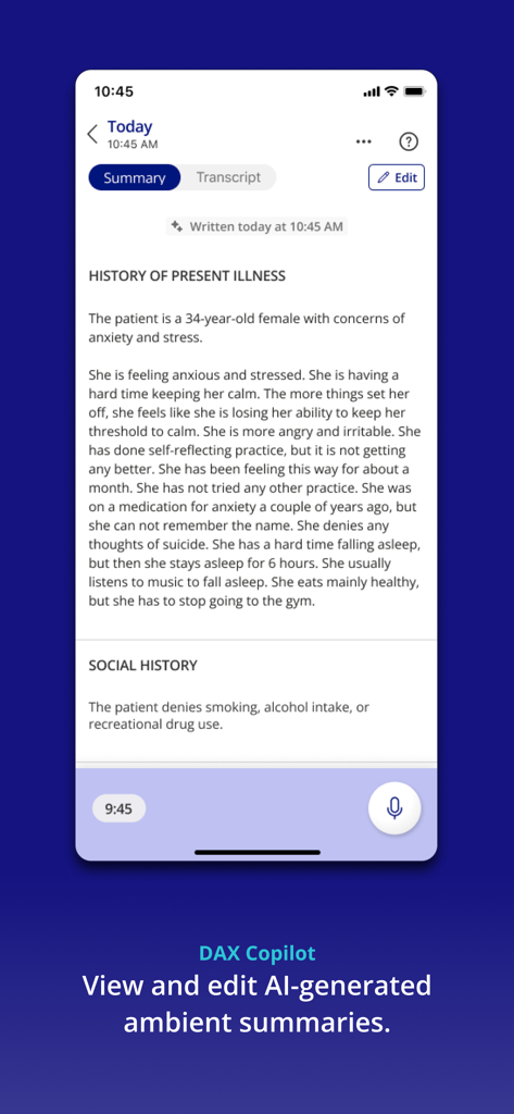 PowerMic Mobile - Interface of PowerMic Mobile app showing an AI generated clinical summary with sections for history of present illness and social history