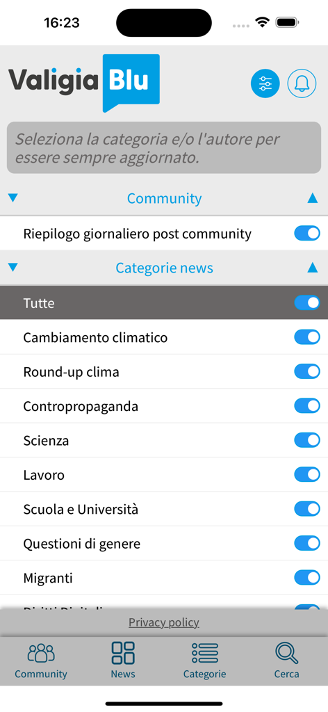 Valigia Blu Community - Valigia Blu Community app settings page for selecting news notification categories