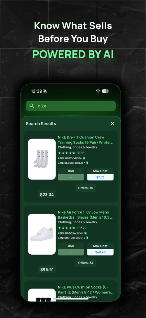 Scan Profit app interface showing AI powered product search results for Nike items with Amazon sales data and profit analysis