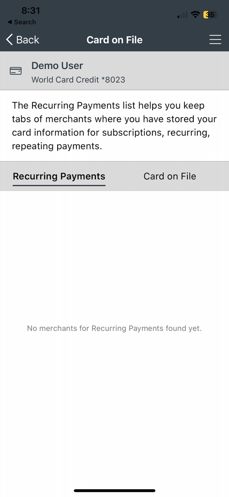 CardWise Mobile - CardWise Mobile app screen showing the recurring payments and subscriptions management section
