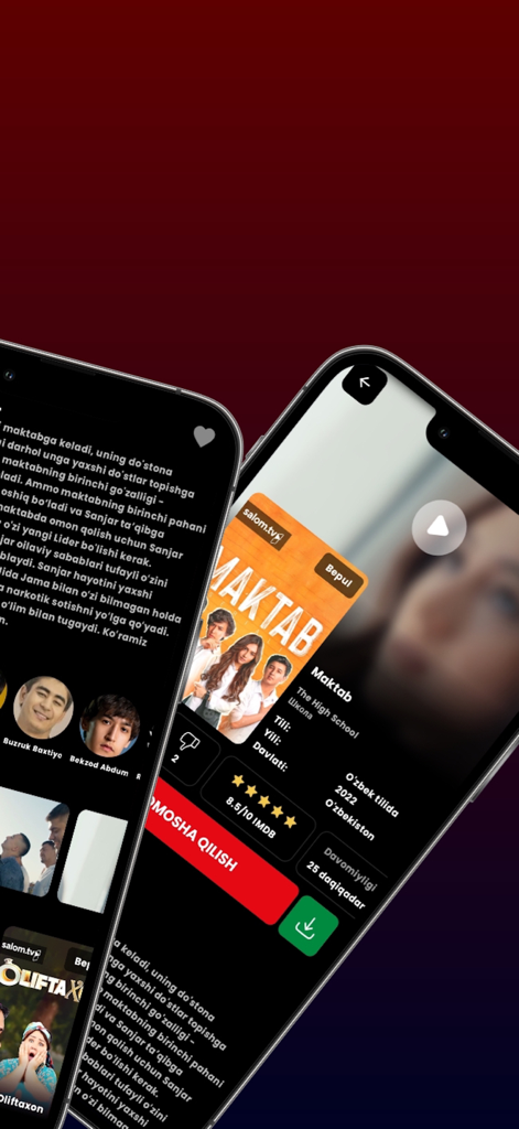 Yangi TV - Interface of the Yangi TV mobile app showing movie details for an Uzbek language show named Maktab