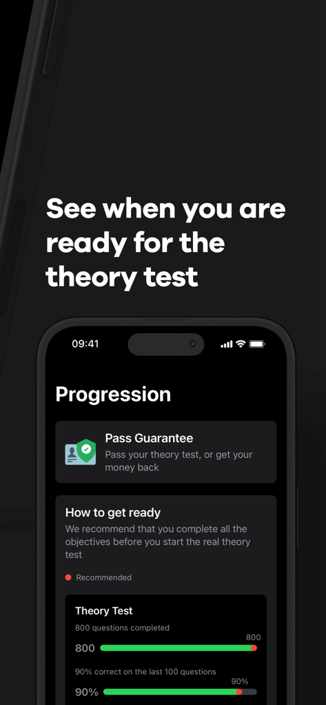 Teorikortet app screen showing driving theory test progression and pass guarantee status