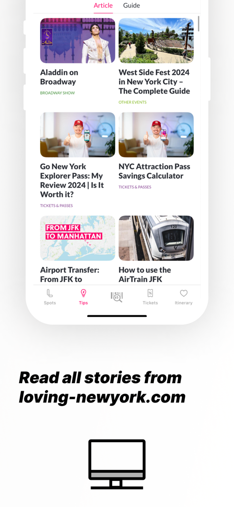 Pantalla móvil de la aplicación Loving New York que muestra artículos de viaje sobre espectáculos de Broadway, eventos y transporte desde/hacia el aeropuerto