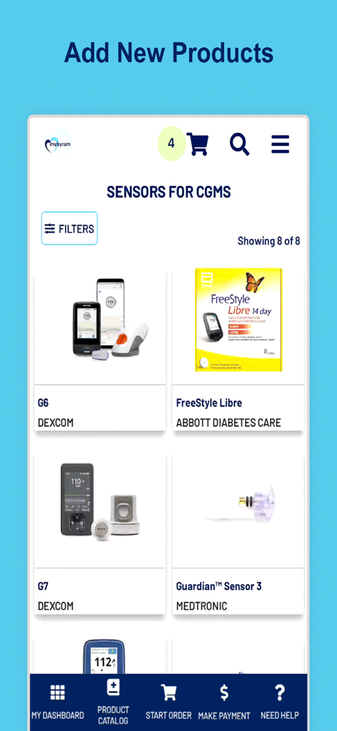 Product catalog of diabetes sensors in the mybyram medical supplies app
