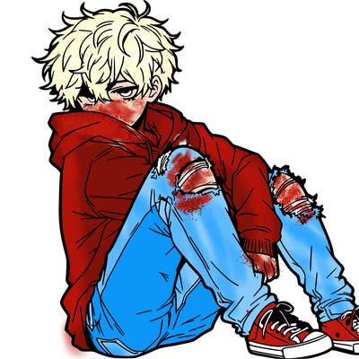a male hoddie ripped jeans messy hair anime
