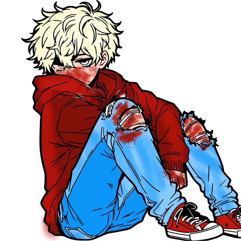 a male hoddie ripped jeans messy hair anime