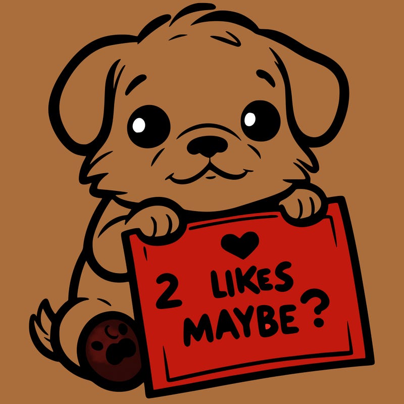 a puppy holding a sign that says 2 likes maybe?