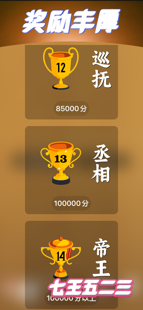 Ranking screen in the Seven King Five Two Three card game showing different trophy levels and Chinese rank titles