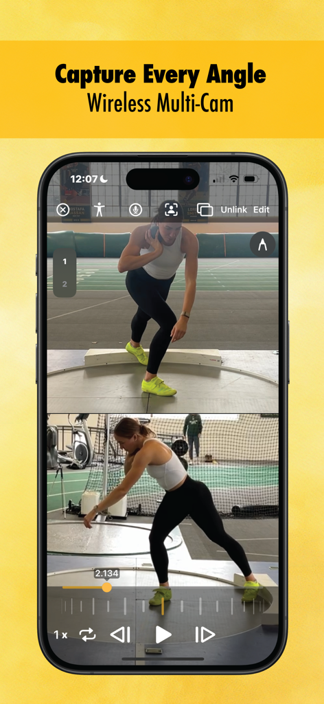 Onform: Video Analysis App - A split-screen view in the Onform app showing a shot putter recorded from two different angles simultaneously for sports technique analysis.