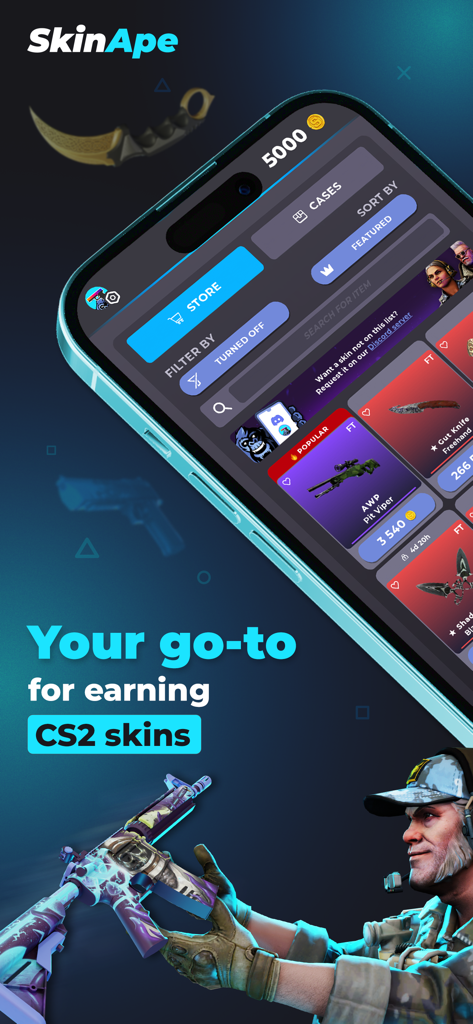 SkinApe CS2 mobile app interface showing a store to earn weapon skins