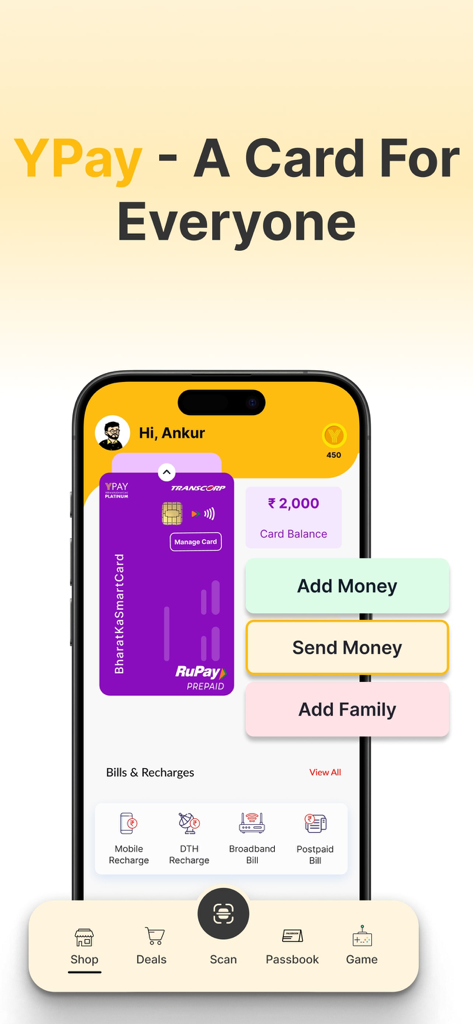 YPay: Card & Payments - Interface of the YPay mobile app showing a prepaid card and financial management options
