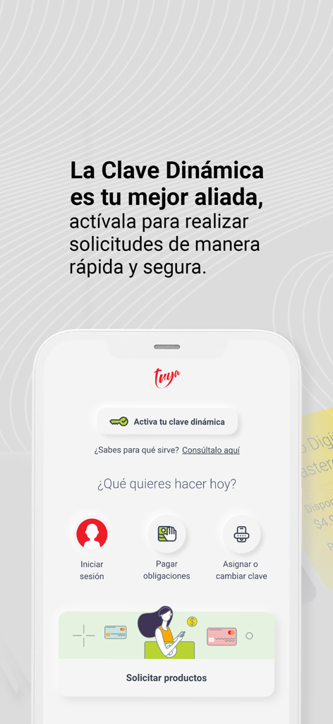 Tuya mobile app home screen showing dynamic key activation and login options for managing credit products.