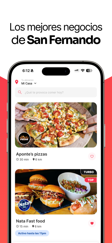 PatiYA - App Delivery - Screenshot of the PatiYA delivery app showing top businesses in San Fernando with pizza and burger options