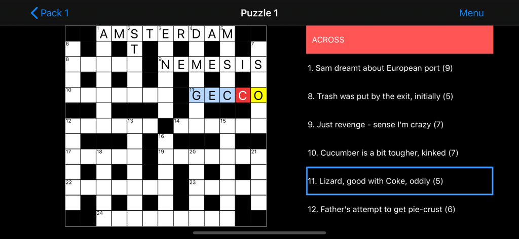 Cryptic Crossword - Gameplay interface of the Cryptic Crossword app showing a puzzle grid and a list of cryptic clues on a dark background.