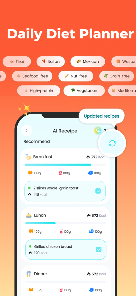 FitCal AI-Calorie Counter&Diet - FitCal AI app screen showing a daily diet planner with meal recommendations and dietary preference tags like vegetarian and high protein