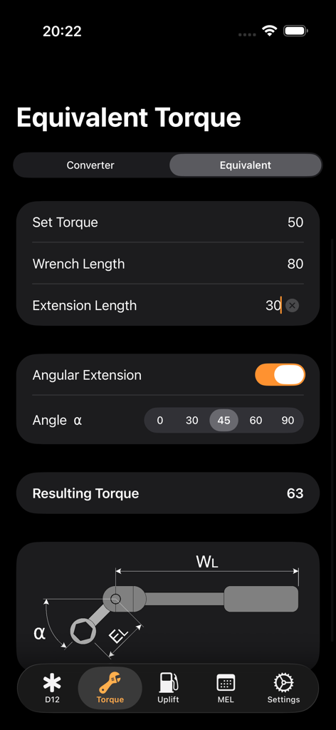 easyB1 - easyB1アプリの相当トルク計算機インターフェース。レンチ延長設定と航空機メンテナンスの技術図を表示しています。