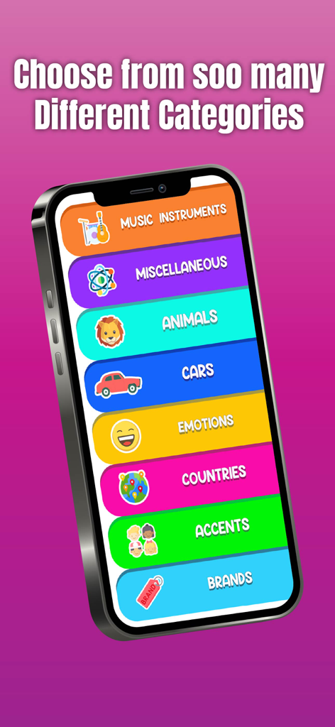Charades For Adults - Guess Up - A smartphone screen displaying various charades game categories such as Animals, Emotions, and Countries