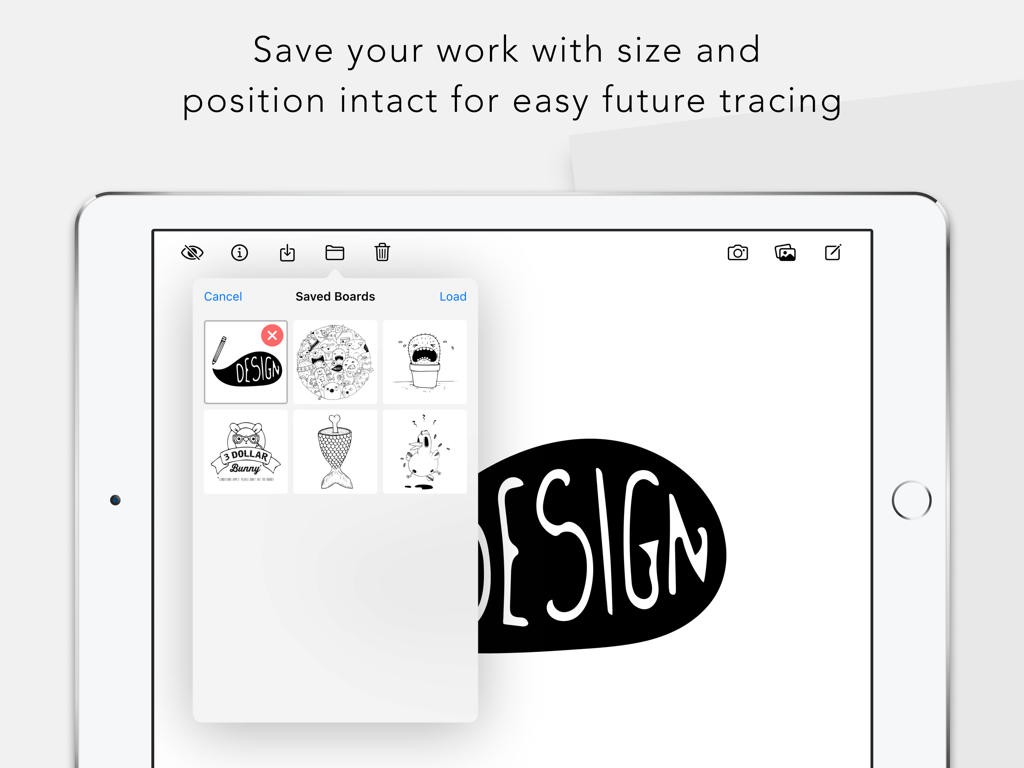 Schermo iPad che mostra una galleria di disegni e schizzi salvati nell'app Tracing Board Tavolo Luminoso