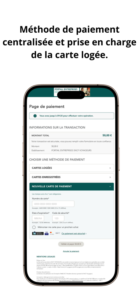 Interfaz de pago corporativo segura en la aplicación Portail Entreprises que muestra opciones de pago centralizado y tarjeta de crédito corporativa.