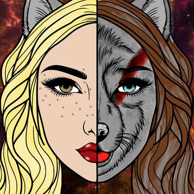 split face realistic woman and wolf