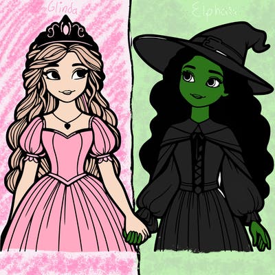 a princess and a witch holding hands realistic