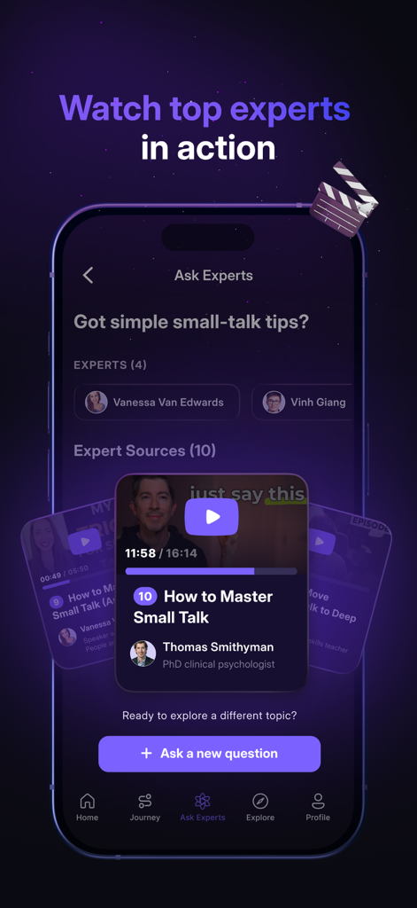 자신감 있는 대화 기술을 마스터하기 위한 전문가 비디오 레슨을 표시하는 RiseGuide 모바일 앱 화면