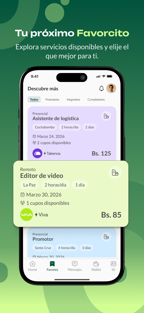 Tu Favorcito - Estudiantes - Tu Favorcito 앱 인터페이스, 비디오 편집 및 물류 보조와 같은 학생을 위한 가용 부업 작업 목록 표시